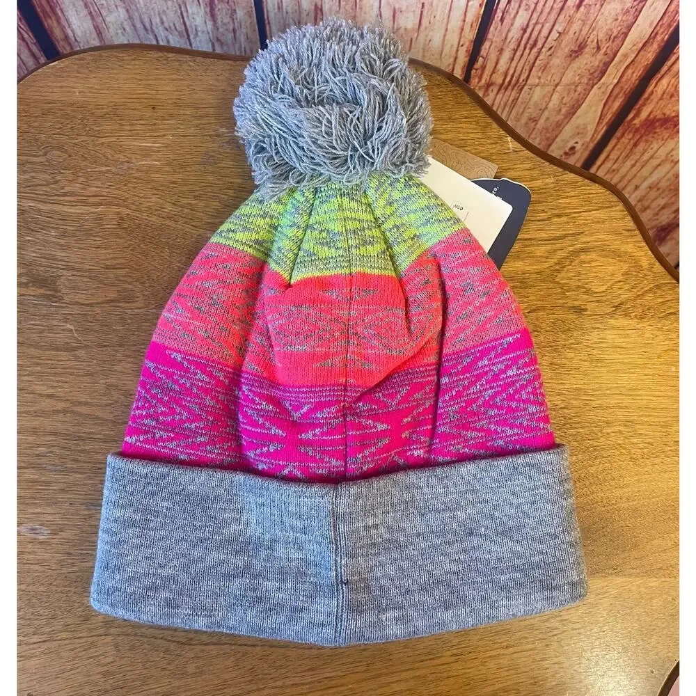 NWT Turtle Fur Meadow Kids Knit Beanie Gray/Hot Pink/Orange/Yellow Puff Ball